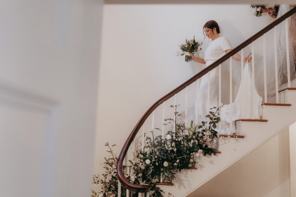 Floral staircase at Aswarby Rectory Wedding, Sleaford