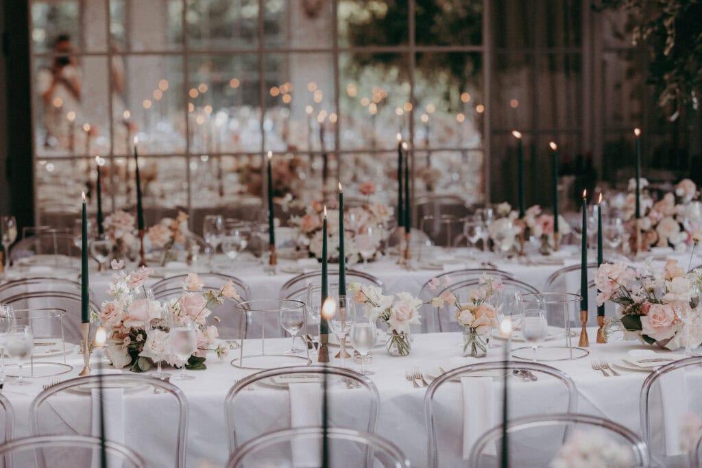 Wedding table landscape and flowers at Babington House