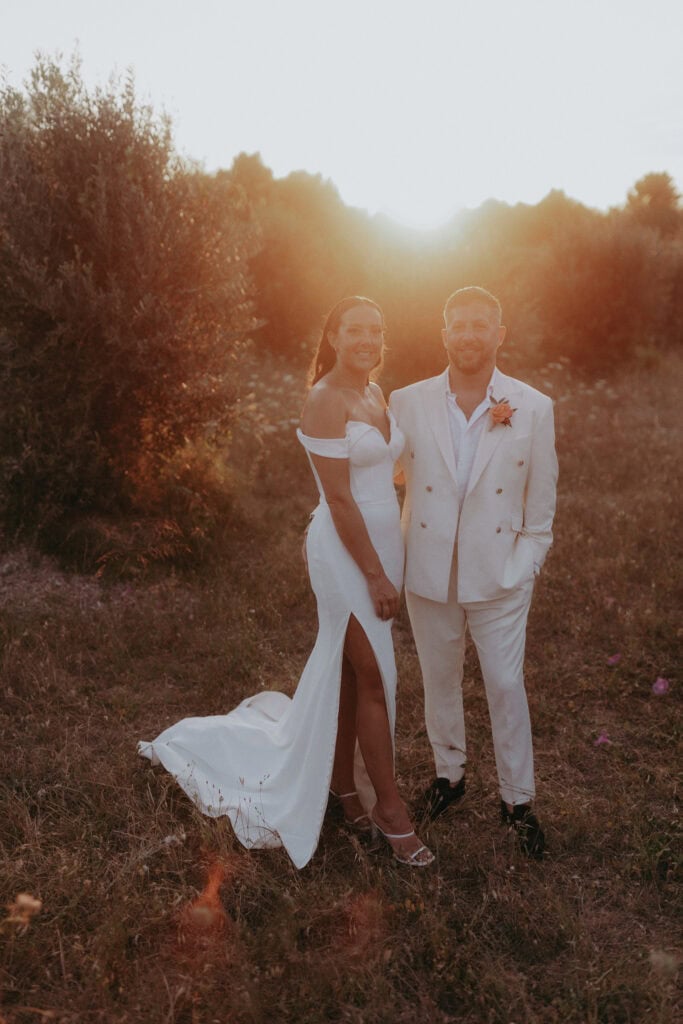 Ibiza sunset wedding portrait, Suzanne neville wedding dress