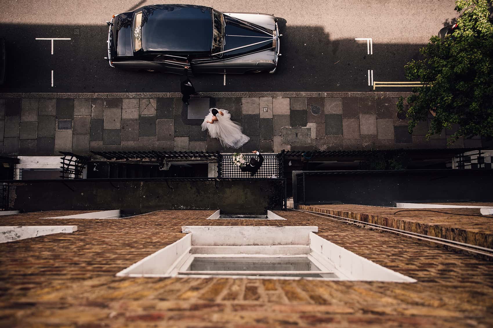 vintage bridal wedding car from above